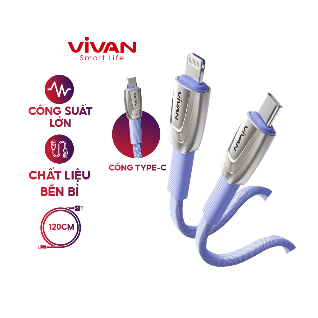 Cáp Sạc Nhanh VIVAN BTK-CL/ BTK-CC (Light/ Type-C), PD27W/ 65W, Dài 120cn, Thiết Kế Chống Rối Mạ Kẽm 3D