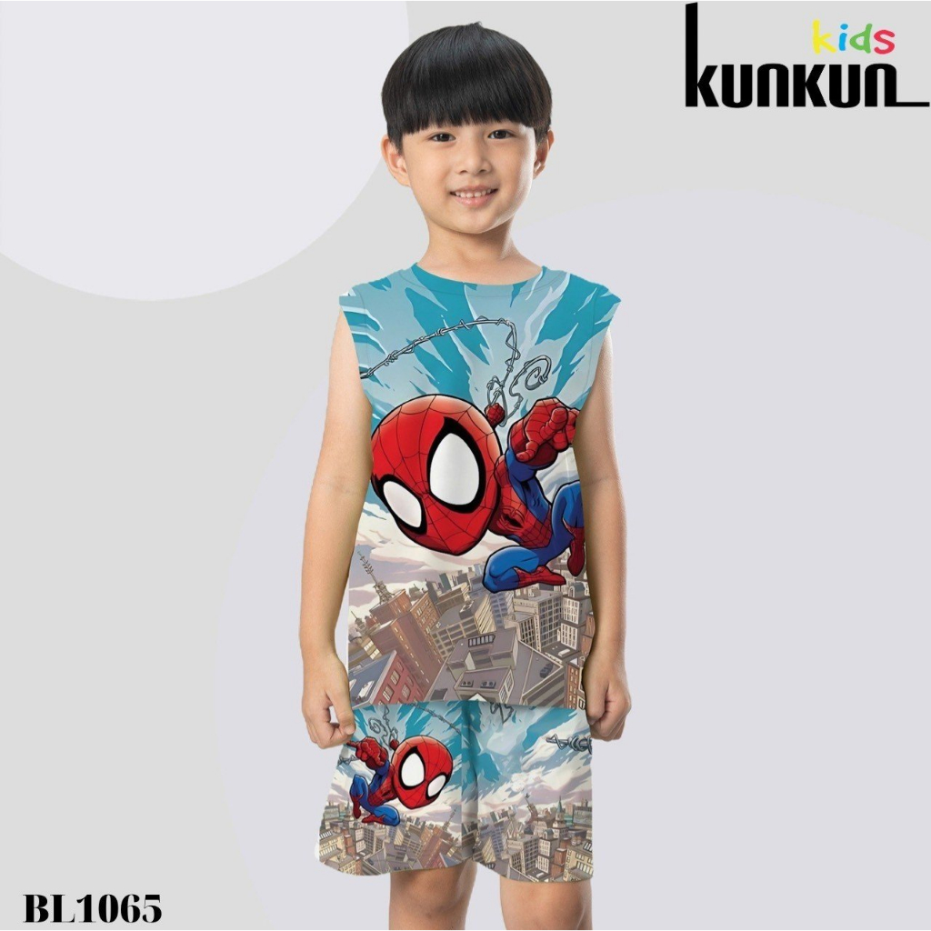 Bộ ba lỗ bé trai thun lạnh in 3d hình siêu nhân Kunkun Kid BL1065, quần áo trẻ em size đại từ 10-60kg