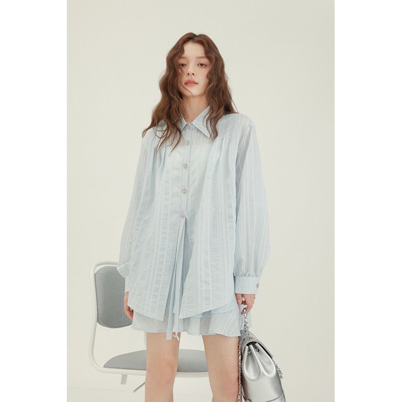 Set áo sơ mi mix chân váy baby blue chất đẹp, có ảnh thật