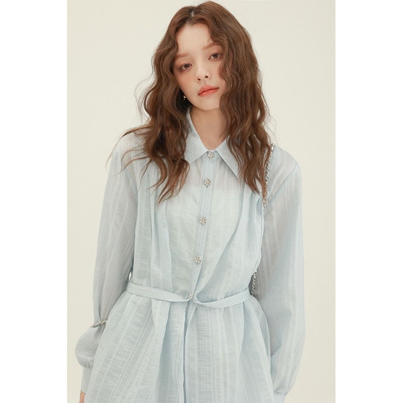 Set áo sơ mi mix chân váy baby blue chất đẹp, có ảnh thật