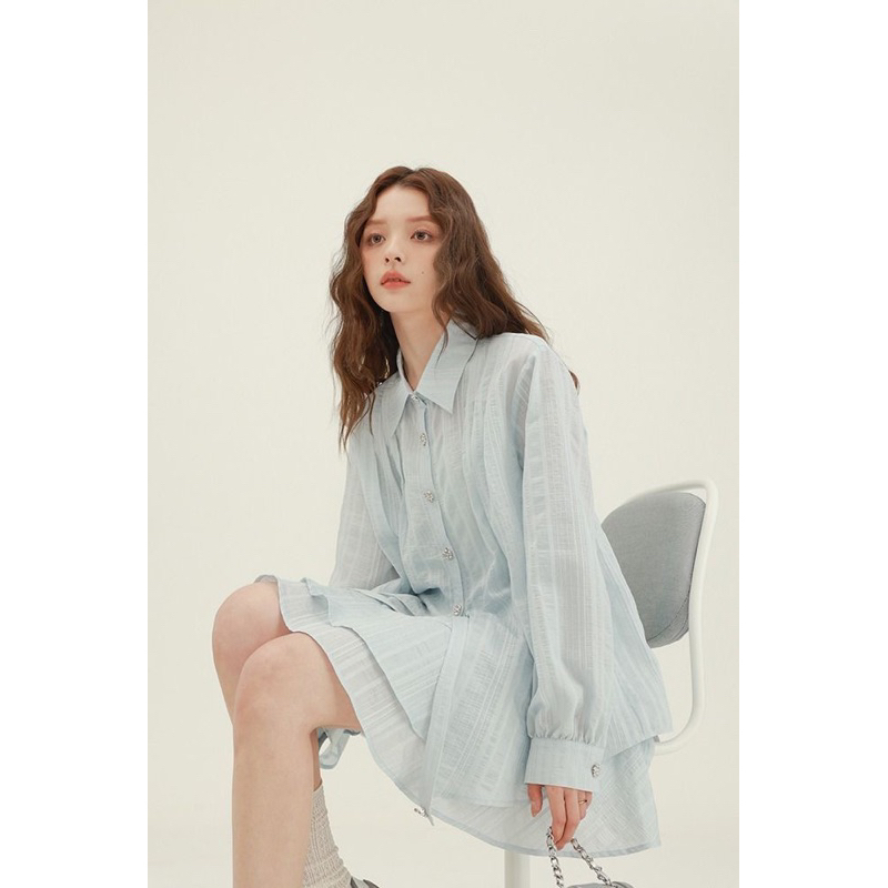 Set áo sơ mi mix chân váy baby blue chất đẹp, có ảnh thật