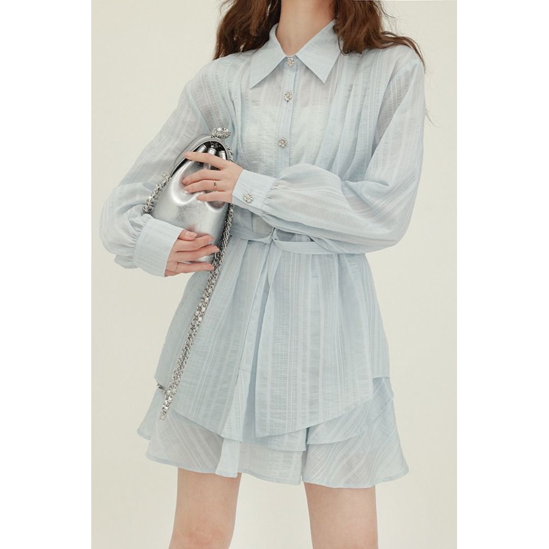 Set áo sơ mi mix chân váy baby blue chất đẹp, có ảnh thật