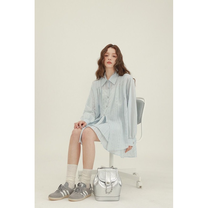 Set áo sơ mi mix chân váy baby blue chất đẹp, có ảnh thật