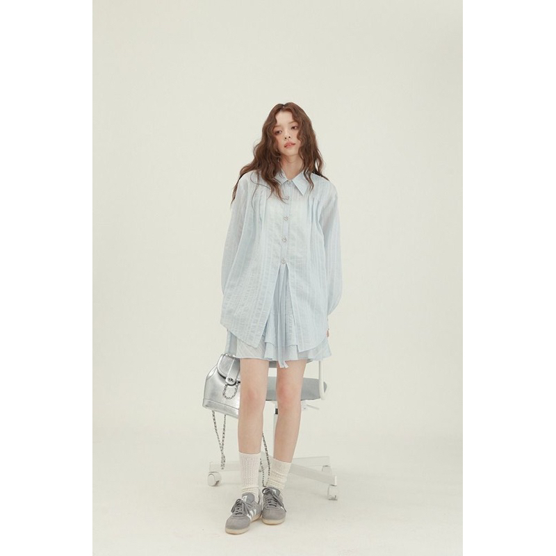 Set áo sơ mi mix chân váy baby blue chất đẹp, có ảnh thật