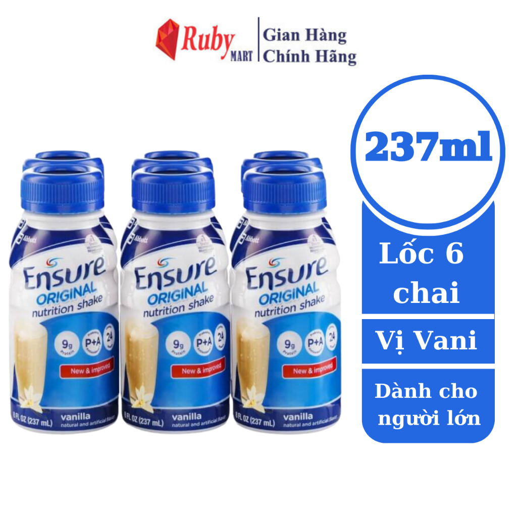 Date T9 24 Lốc 6 chai Sữa Bột pha sẵn Ensure Vani Chai 237ml