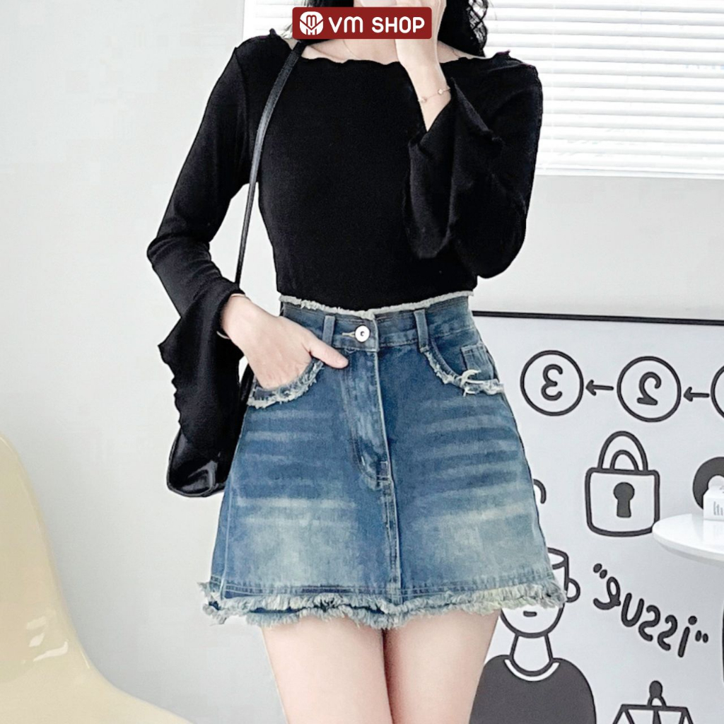 Chân váy jean VM Shop dáng ngắn kiểu tua rua túi lai đai thời trang Ulzzang CVJ00055