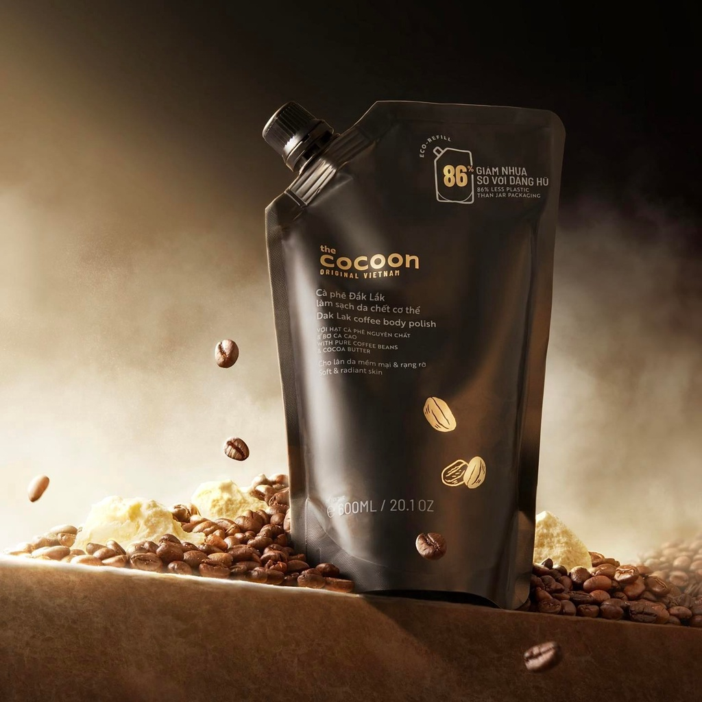 Tẩy da chết cơ thể body cà phê Cocoon chính hãng 600ml Túi Refill TẶNG mặt nạ đất sét ngải cứu non 30g The Ahhani Care