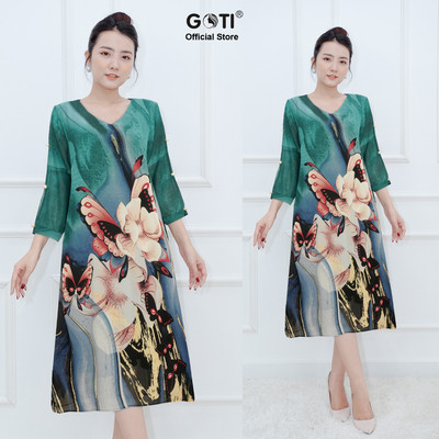 GOTI - Đầm Trung Niên Nữ Dáng Suông Rộng Eo Giấu Bụng Tay Ngắn Dành Cho Người Bigsize U50 U60 3352
