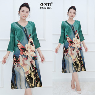 GOTI - Đầm Trung Niên Nữ Dáng Suông Rộng Eo Giấu Bụng Tay Ngắn Dành Cho Người Bigsize U50 U60 3352