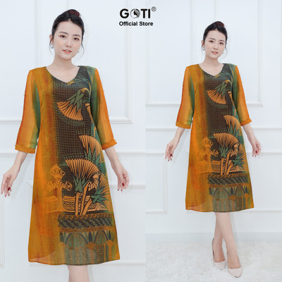 GOTI –  Đầm Suông Trung Niên Cao Cấp Dáng Chữ A Voan 2 Lớp Che Bụng Cho Người Mập, 3309 3376