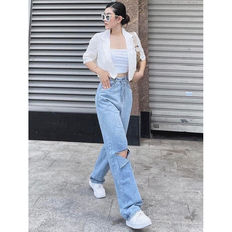 Quần jean suông rách gối nữ Mango auth