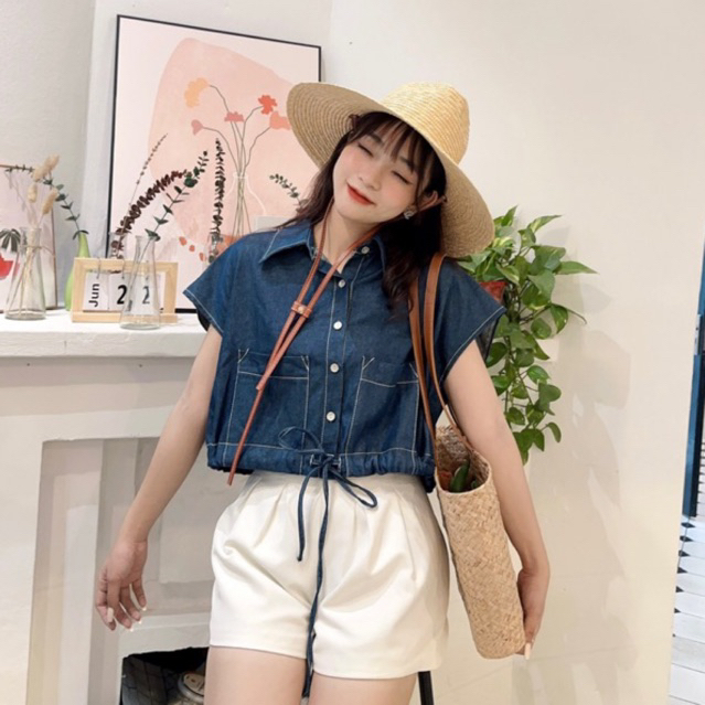 ÁO SƠ MI BÒ TAY NGẮN DÁNG CROPTOP RÚT EO CICI.HOUSE