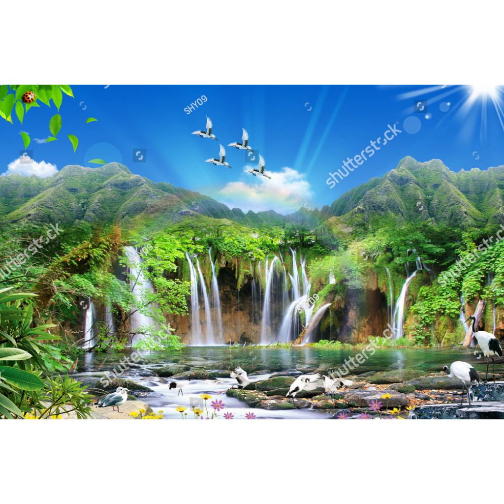Giấy dán tường có keo sẵn, Tranh phong cảnh thác nước, trang trí phòng khách, phòng ngủ (tích hợp sẵn keo) 1083995132
