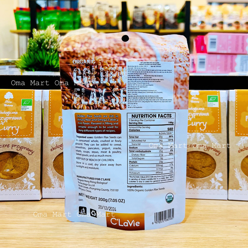 Hạt lanh vàng hữu cơ Clavie 200g hạt sống chưa rang