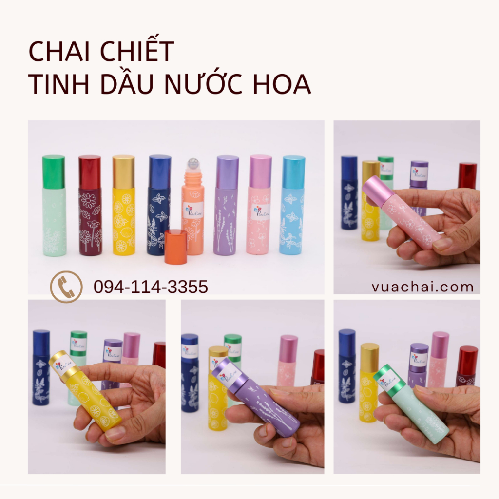 Chai Bi lăn 10ml cao cấp nhiều màu Hoa văn độc đáo Bi lăn đá tự nhiên/thép không gỉ