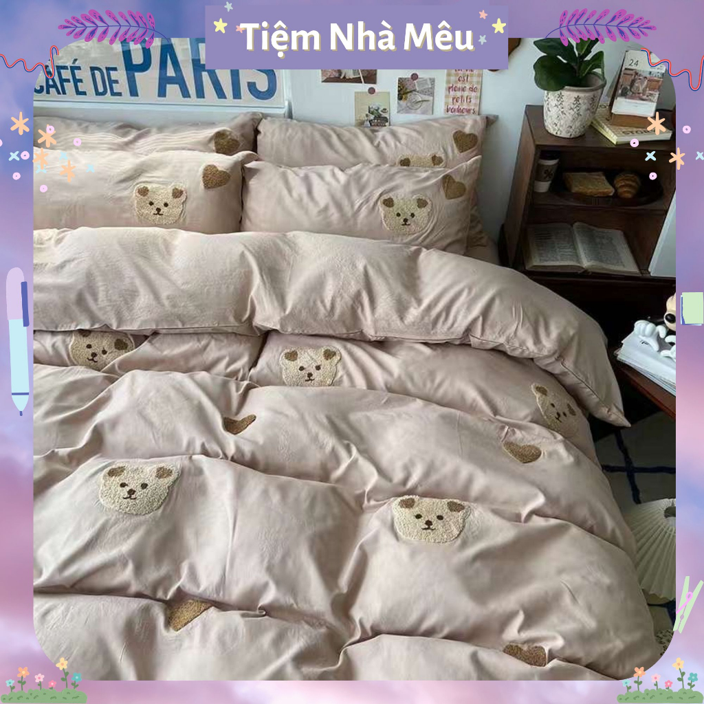 Bộ Vỏ Chăn Ga Gối 4 Món Cotton Đũi Gấu Bear  Mềm Mịn Mát Chuẩn Hàng Cao Cấp Fullsize Tiệm Nhà Mêu