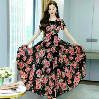 Đầm Dự Tiệc, Thời Trang Nữ Sang Cảnh Chất Voan Hoa Hồng 2 Lớp Cổ Tròn Tay Ngắn Dáng Váy Dài Xoè Maxi Tôn Dáng SIêu Cute