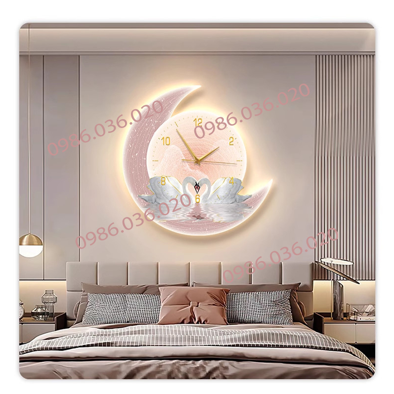 Tranh đồng hồ tráng gương điện đèn led treo tường decor mẫu phi hành gia mặt trăng thiên nga