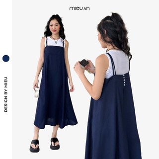 Đầm hai dây nữ hai lớp phối nút gỗ dáng babydoll MIEU - KJU08