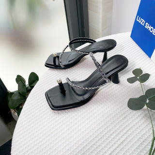 Giày cao gót nữ 7 phân mũi vuông, guốc cao gót xỏ ngón đính ngọc 7 phân, sandal cao gót đính đá thời trang m148