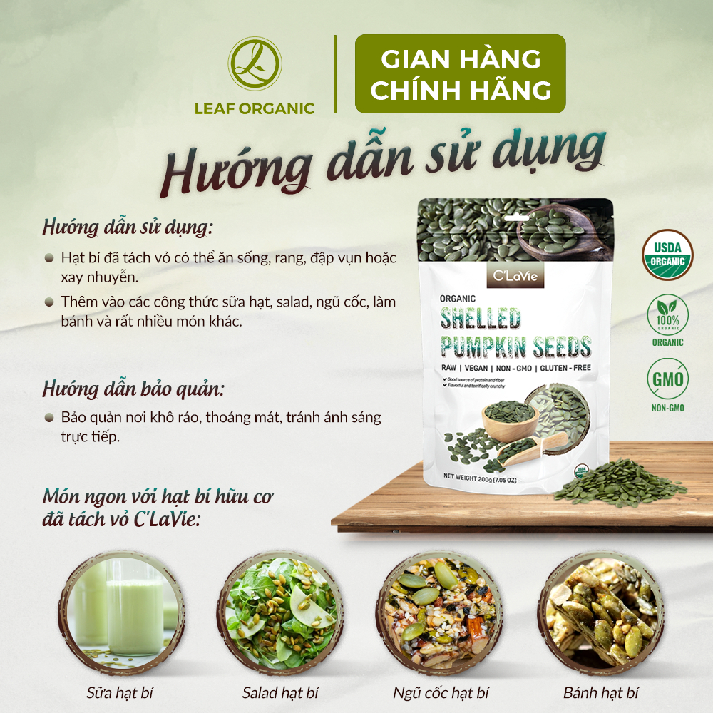 Hạt bí hữu cơ đã tách vỏ C'LaVie 200g
