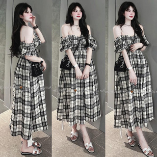 Đầm Kiểu Nữ Trễ Vai Thiết Kế Sọc Caro TTST0109