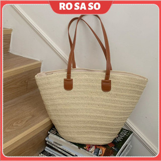 Túi xách cói tote nữ đi biển đeo vai size to hình thang vintage đi chơi đẹp có khoá kéo ROSASO TX34