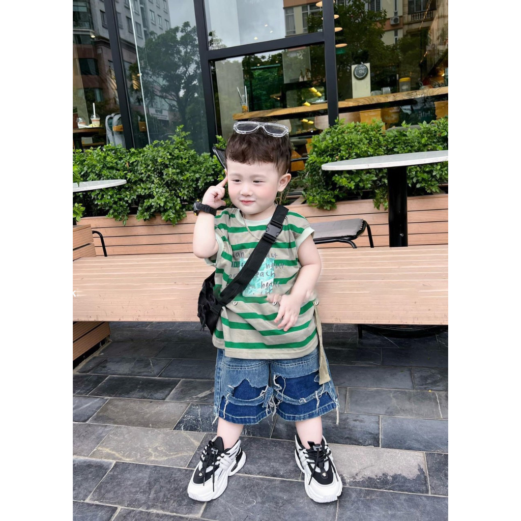 Set bò kẻ sọc bé trai phối jean rách siêu ngầu