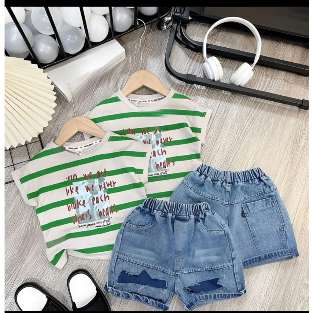 Set bò kẻ sọc bé trai phối jean rách siêu ngầu