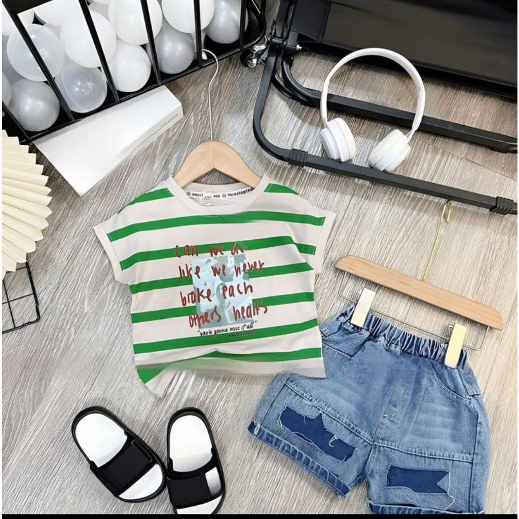 Set bò kẻ sọc bé trai phối jean rách siêu ngầu