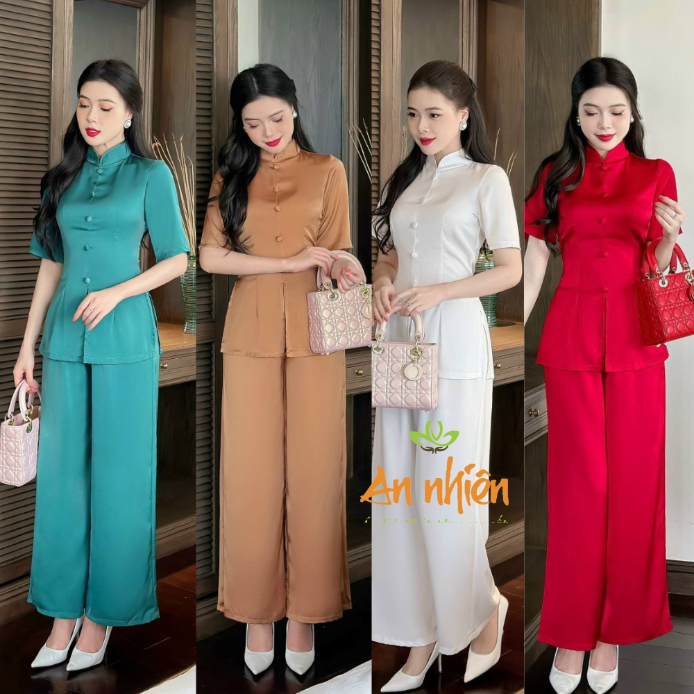 Bộ đồ đi lễ chùa, đồ lam đi chùa chất liệu lụa ngọc mềm mát, có thắt nơ điệu đà phía sau lưng - AN13