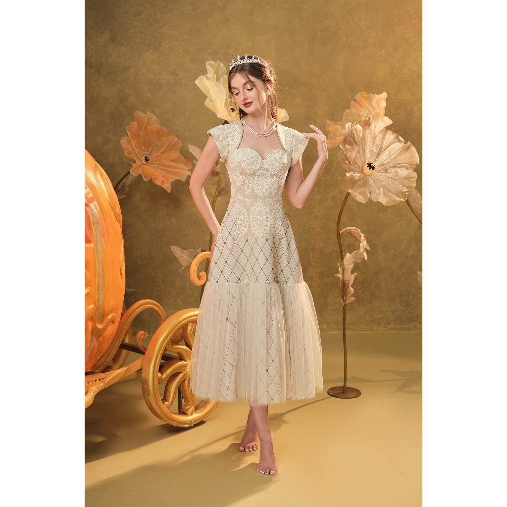 CHICHI - Váy ren chỉ dệt ốp taffta Yếm Nâu Robe Princesse