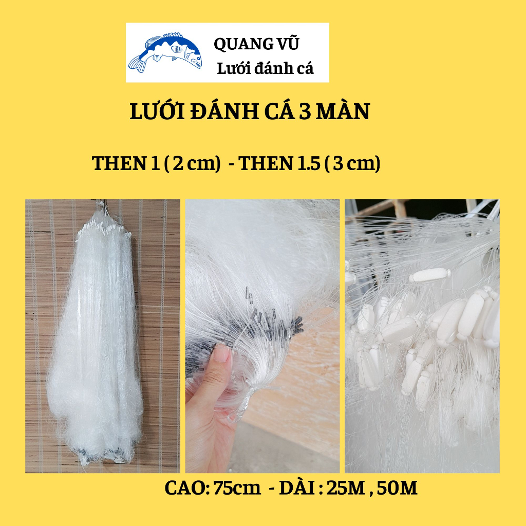 Lưới đánh cá 3 màn cao 75cm dài 25m then 1, then 1.5 bắt cá tép, cá mương, cá lòng tong ở sông hồ ao
