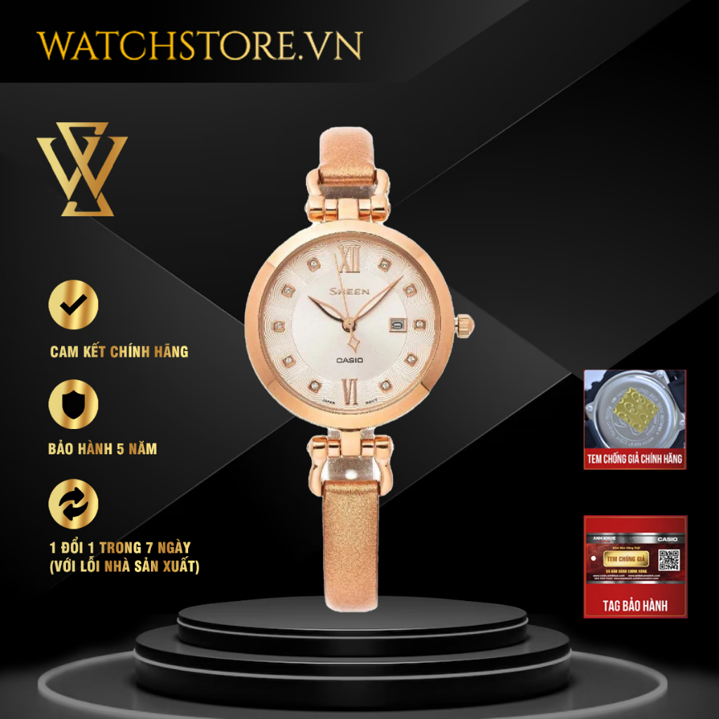 Đồng Hồ Quartz Nữ Casio Sheen WATCHSTORE SHE-4055PGL-7BUDF Thiết Kế Mặt Kính Khoáng 30mm, Dây Da, Vỏ Thép Không Gỉ