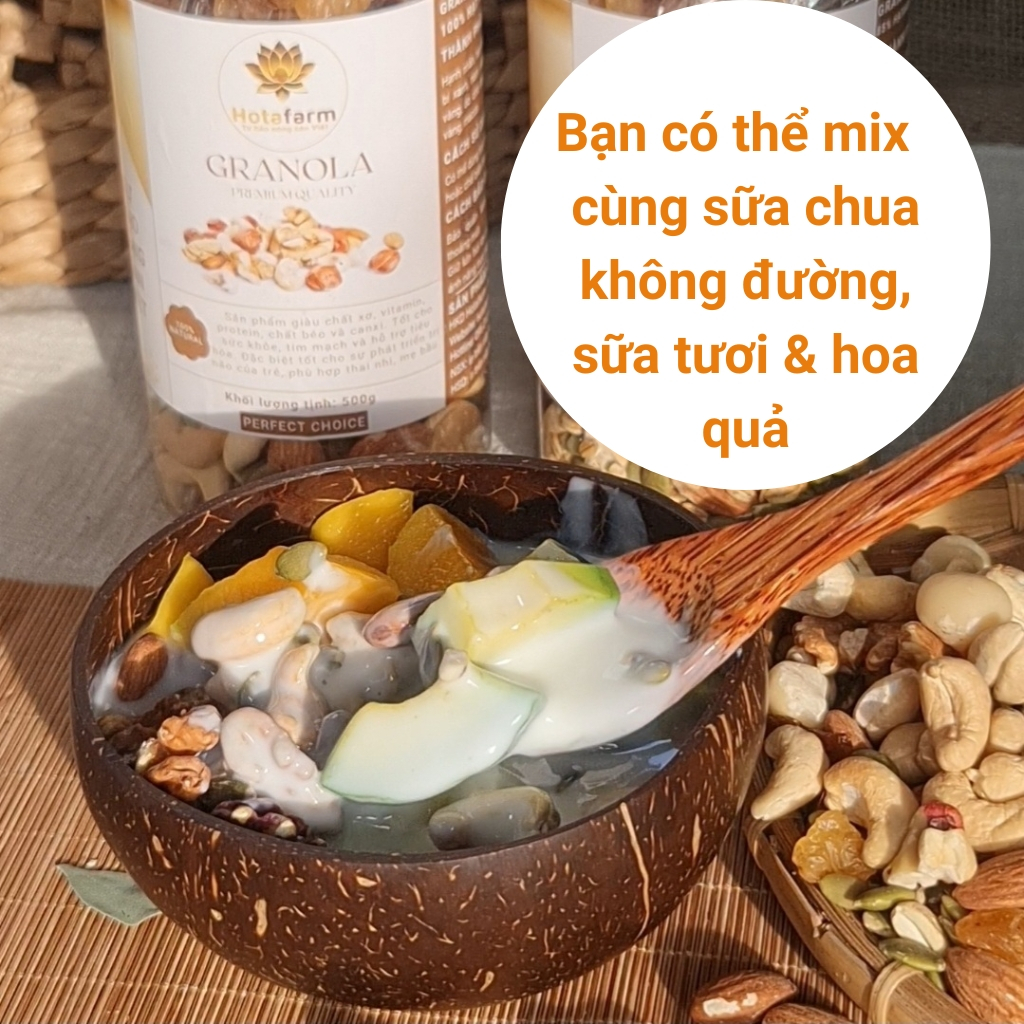 Granola siêu hạt ngũ cốc giảm cân dinh dưỡng ăn sáng thêm hạt macca Hotafarm nguyên vị premium 500g
