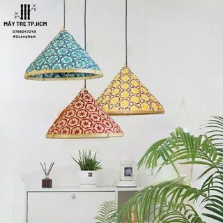 Đèn nón bằng tre trang trí nhiều màu, đèn được làm từ tre, đèn tre dùng decor quán ăn, quán cafe