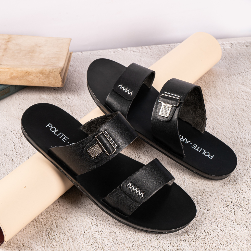 Dép nam quai ngang Polite - art da bò cao cấp 2 màu - BH 12 Tháng
