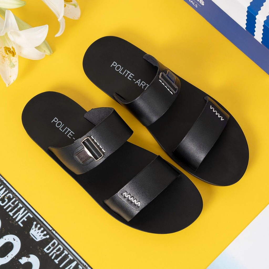 Dép nam quai ngang Polite - art da bò cao cấp 2 màu - BH 12 Tháng