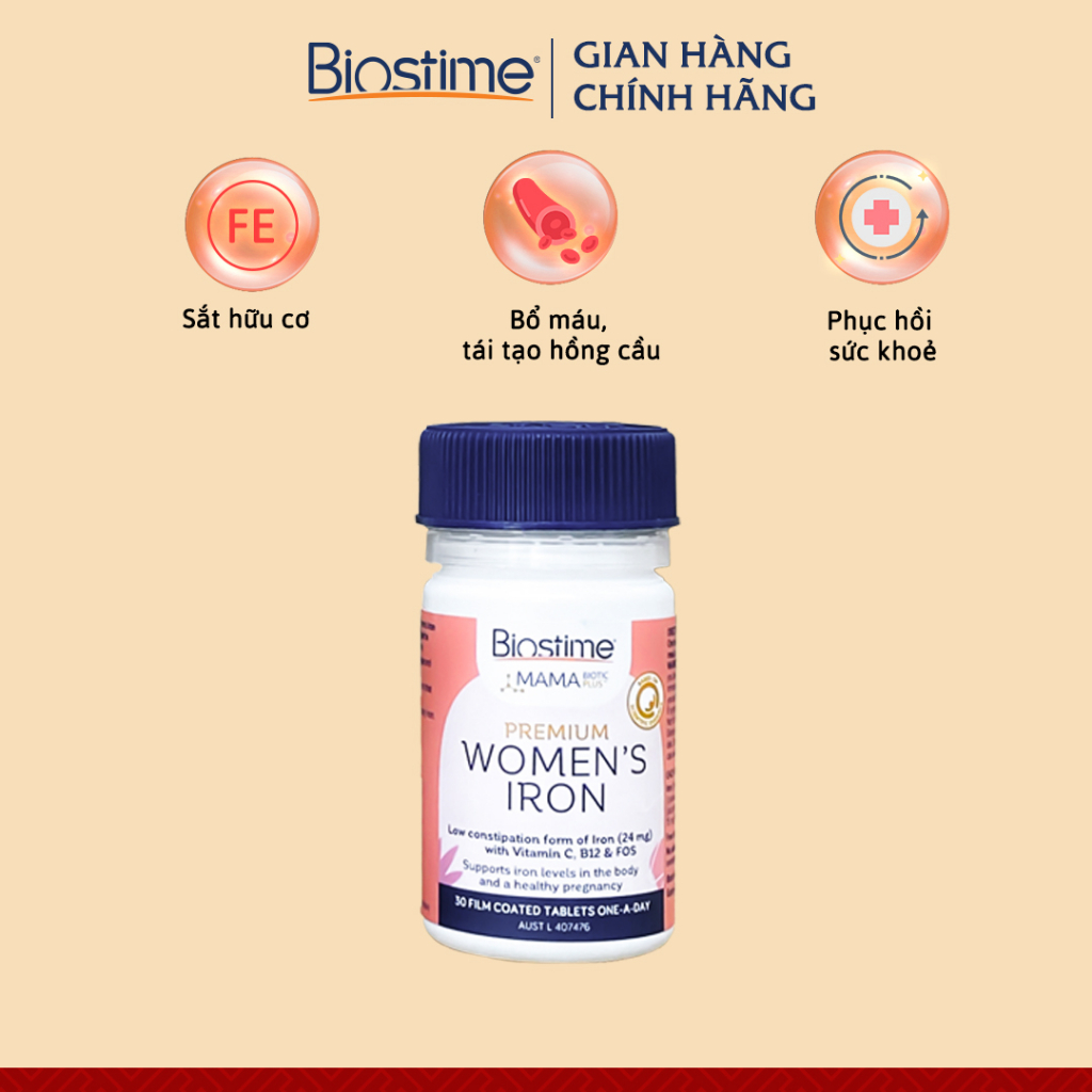 Sắt Biostime bổ sung sắt vitamin hỗ trợ sức khỏe bà bầu, ngừa thiếu máu, tăng cường đề kháng, Hộp 30 viên