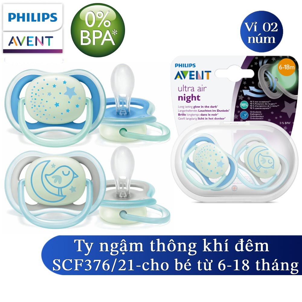 Philips Avent núm ty ngậm phát sáng ban đêm  0-6 tháng SCF376/10 và 6-18 tháng SCF376/21