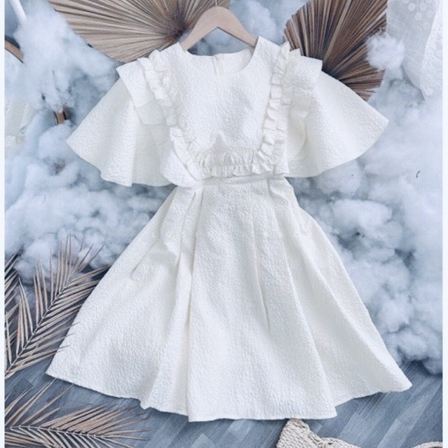 Váy trắng tiểu thư chất xốp bánh bèo HAVU SHOP , đầm trắng xốp tiểu thư phối bèo siêu xinh