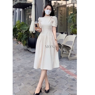 Váy tiểu thư cổ tròn mon thiết kế dáng dài phối cổ nơ sang chảnh v0142