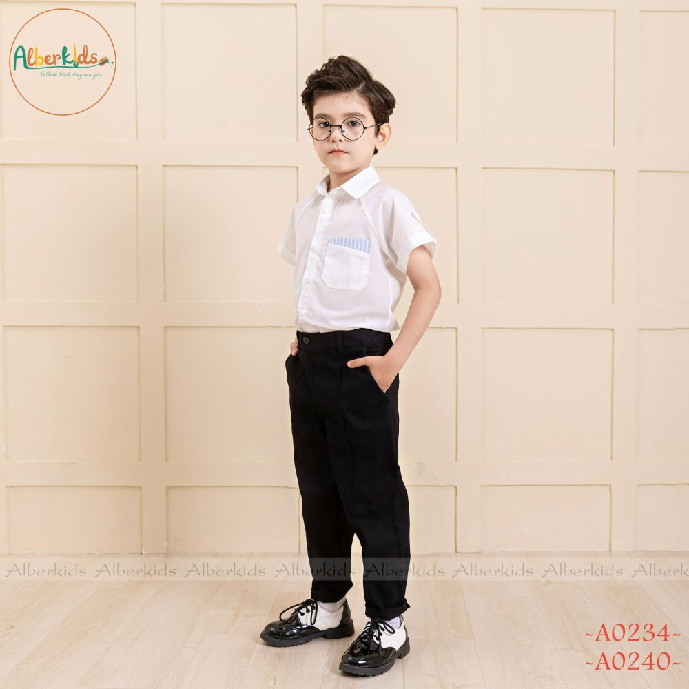 Sét đồ đi học bé trai ALBERKIDS áo phối túi xanh quần dài đen cho trẻ em 4,5,6,7,8,9,10,11,12 tuổi [A0234-A0242]