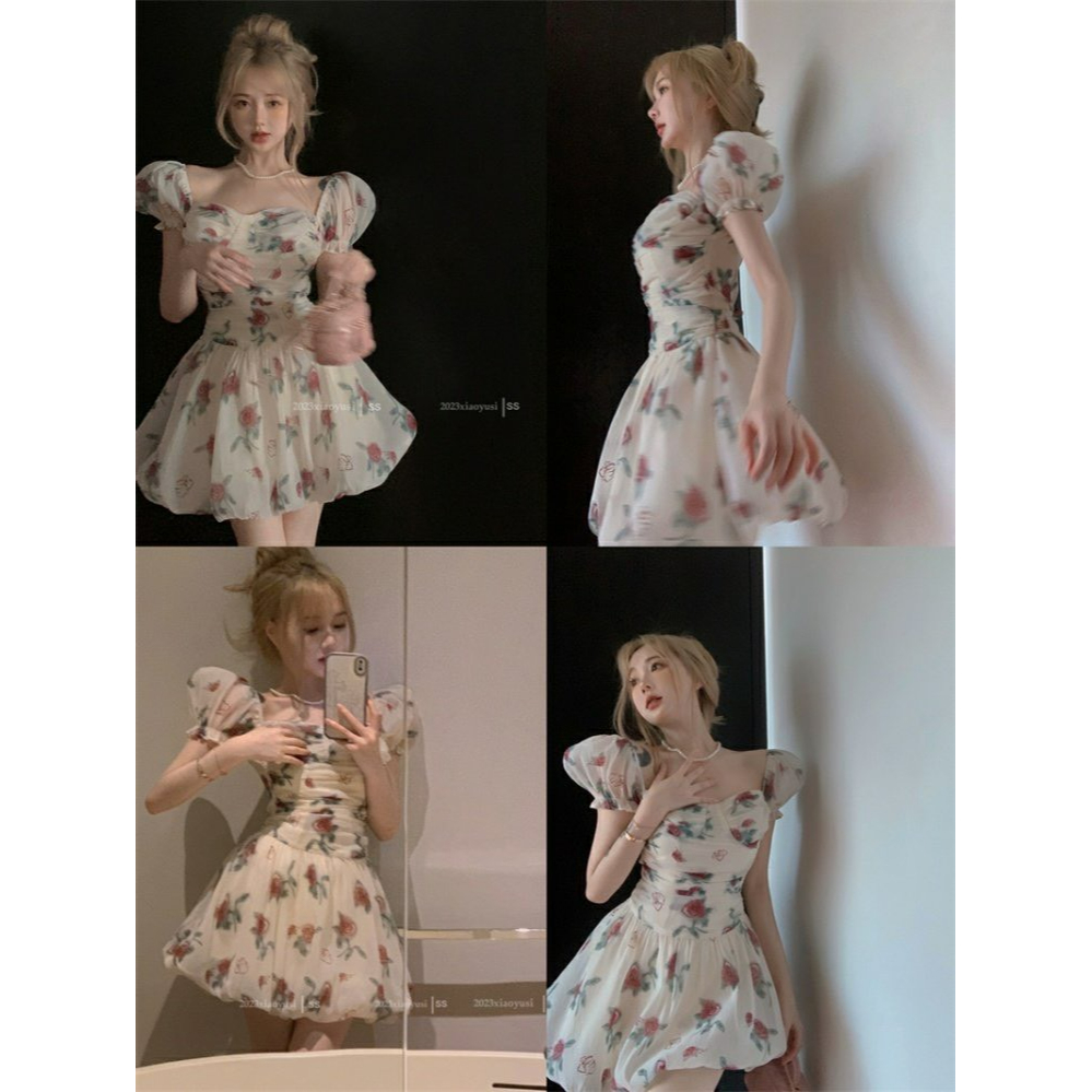 Đầm tay phồng hoa váy mùa hè cup xòe váy cổ vuông nữ 2023 TH123