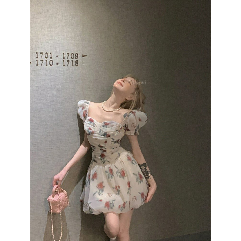 Đầm tay phồng hoa váy mùa hè cup xòe váy cổ vuông nữ 2023 TH123