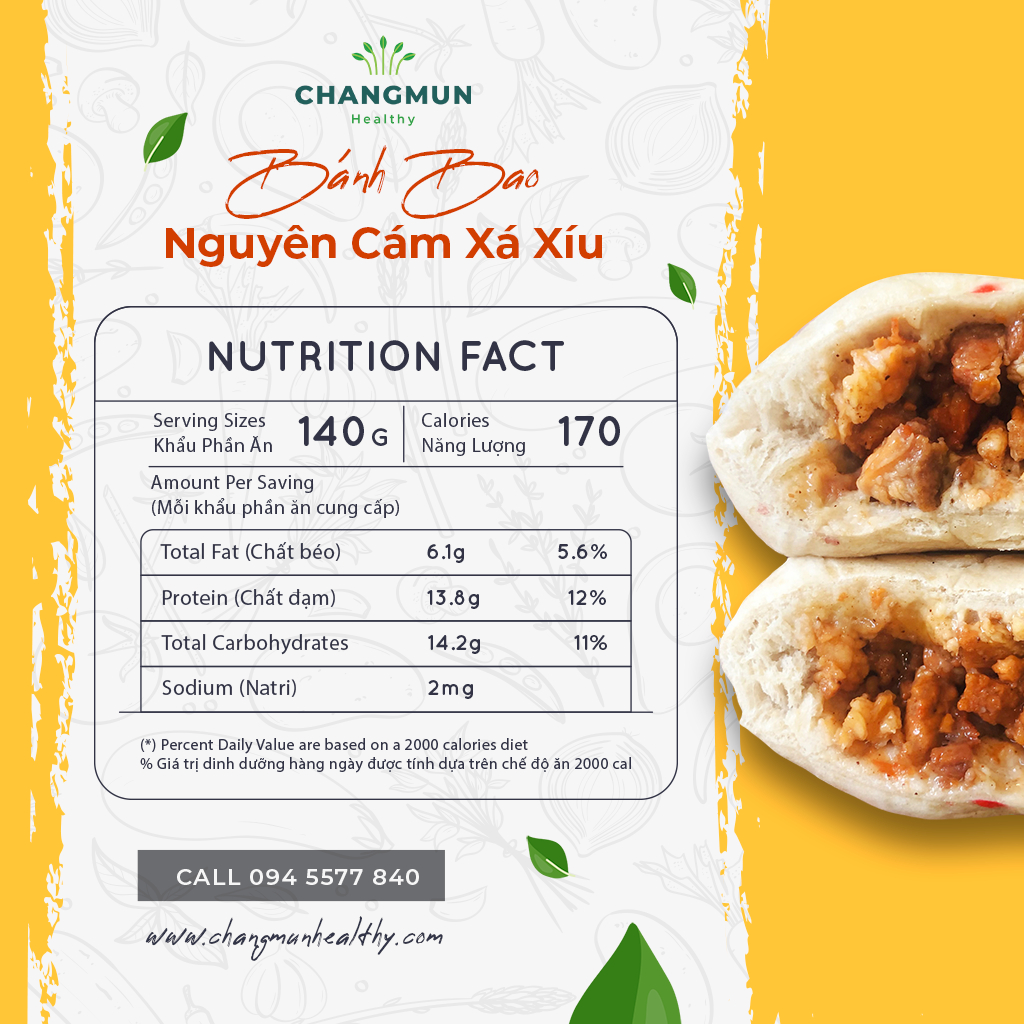 Bánh bao nguyên cám xá xíu CHANGMUN Healthy dành cho Eat Clean ăn kiêng