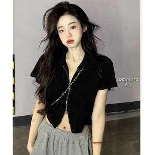 Áo croptop cổ bẻ phối dây kéo tay ngắn thời trang!
