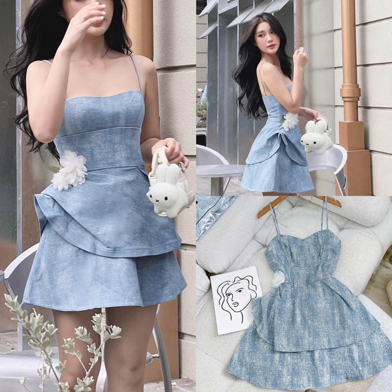 Đầm hai dây denim nhíu nơ hoa dáng ngắn xoè