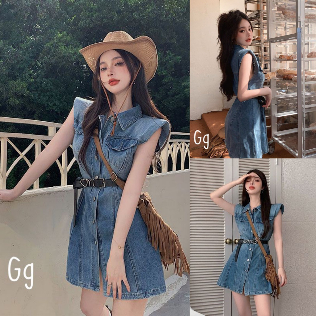 Đầm váy jeans nữ đính nút cánh dơi (kèm dây nịt) xinh xắn với tone màu xanh siêu hot hit