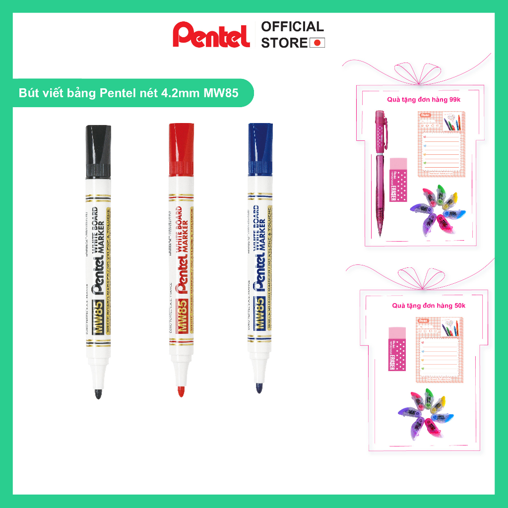 Bút viết bảng đầu tròn thân dài nét 4.2mm Pentel MW85 màu xanh/đỏ/đen
